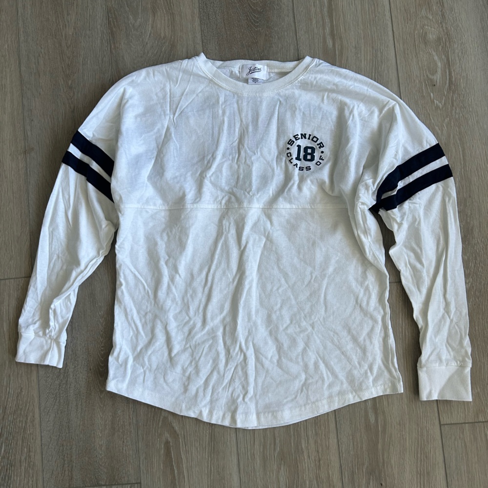 White Long Sleeve Kids Shirt with Navy Accents